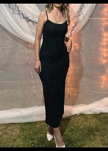 Siyah Uzun İnce Askılı Simli Elbise - Görsel 3