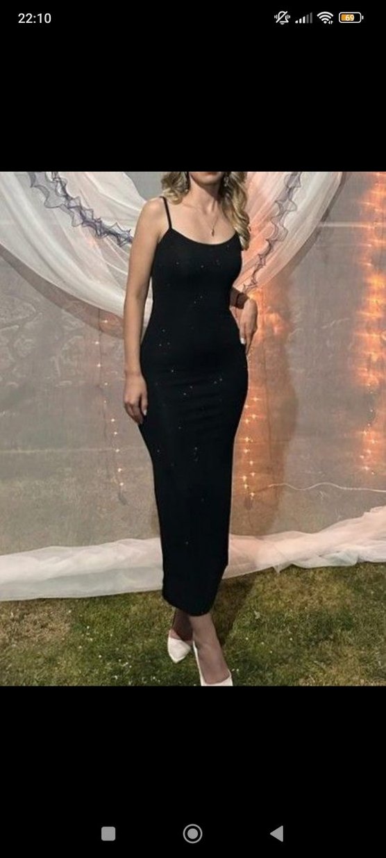 Siyah Uzun İnce Askılı Simli Elbise - Görsel 3