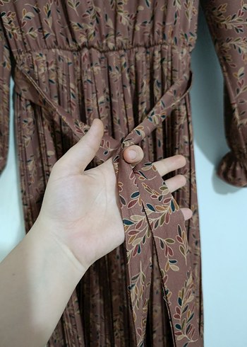 Bohem Uzun Kollu Piliseli Kahverengi Elbise - Görsel 8