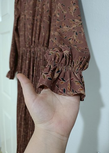 Bohem Uzun Kollu Piliseli Kahverengi Elbise - Görsel 5