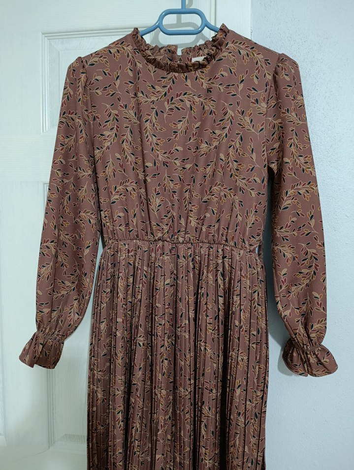 Bohem Uzun Kollu Piliseli Kahverengi Elbise - Görsel 3