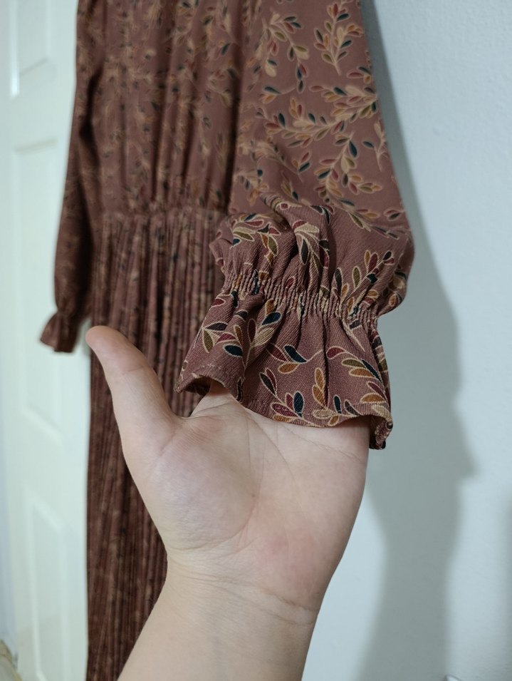 Bohem Uzun Kollu Piliseli Kahverengi Elbise - Görsel 5