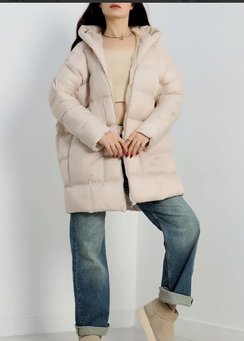 Bej Uzun Kollu Kapüşonlu Kadın Mont - Görsel 2