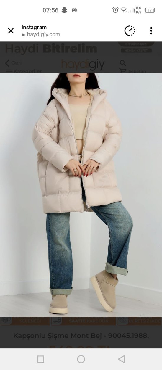 Bej Uzun Kollu Kapüşonlu Kadın Mont - Görsel 2