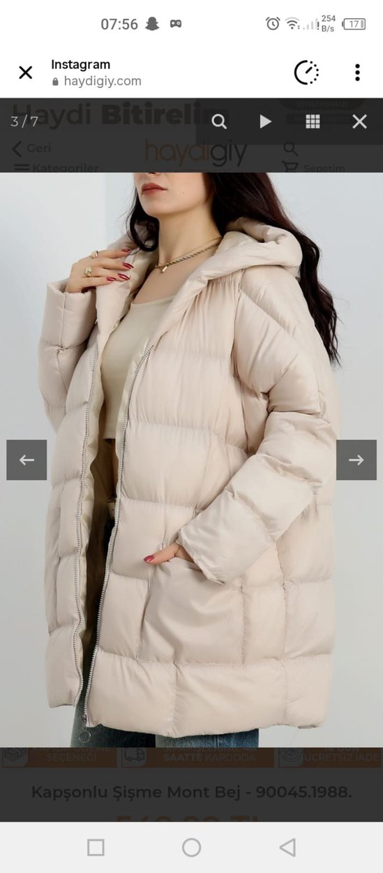 Bej Uzun Kollu Kapüşonlu Kadın Mont - Görsel 3