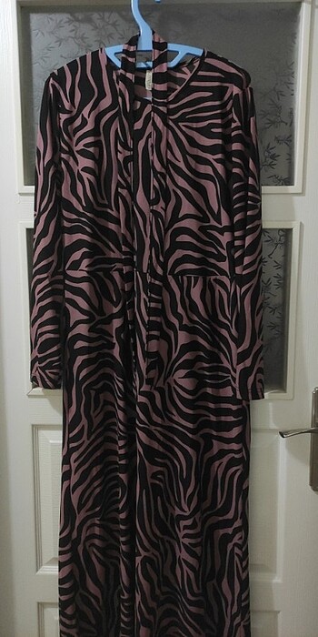 Zebra Desenli Günlük Uzun Elbise/ Pembe
