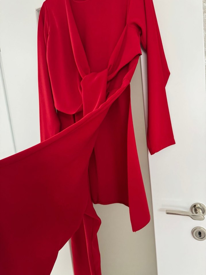 Kadın Kırmızı Uzun Drapeli tulum - Görsel 3