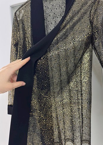 abiye ceket Siyah Dantel Detaylı Yılan Desenli Kimono - Görsel 2