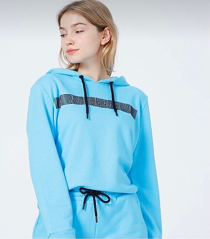 Kapüşonlu uzun kolu turkuaz kadın sweatshirt