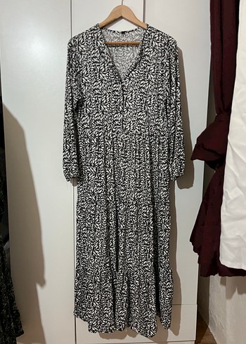 42 Beden Bohem Gri Zebra Desenli Uzun Elbise