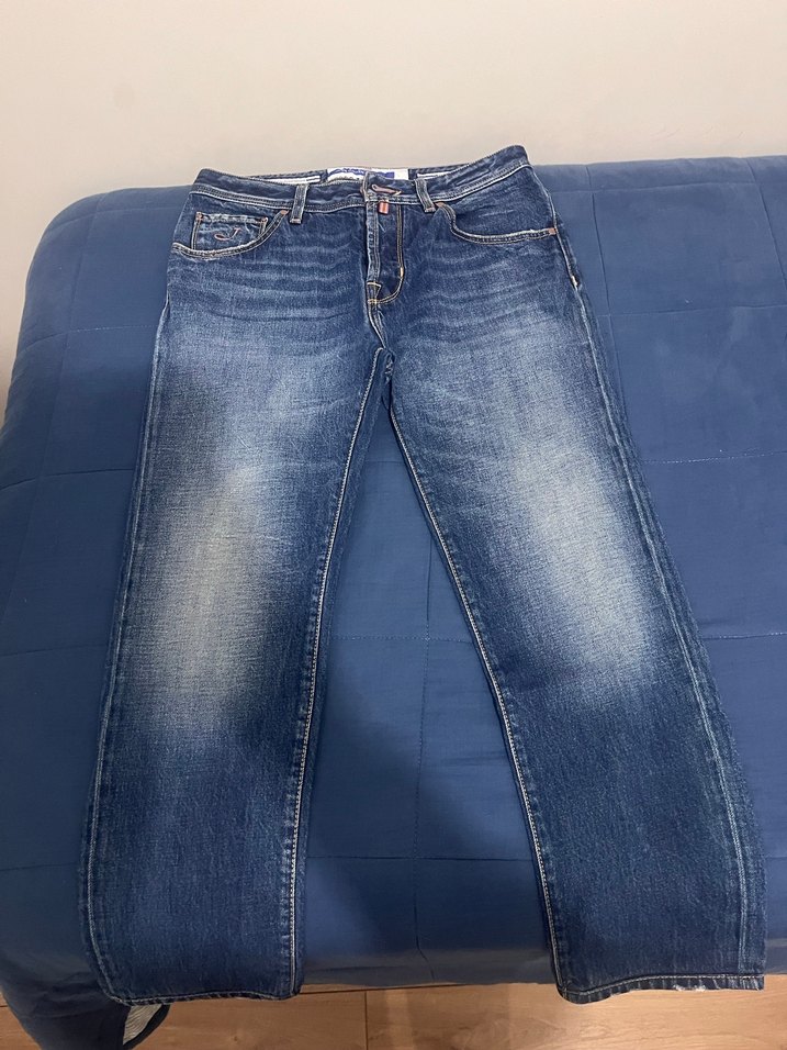 Düğmeli Mavi Gri Desenli Erkek Denim Pantolon - Görsel 3