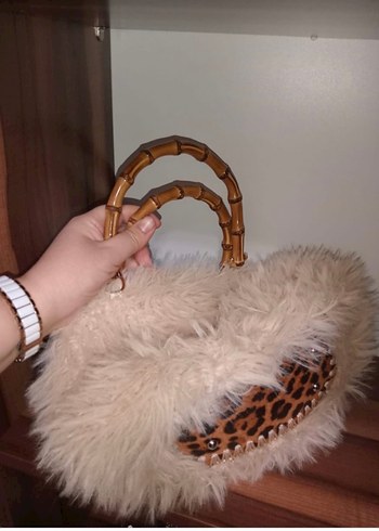 Bej Kürk Detaylı Kadın Yün Çanta - Görsel 2