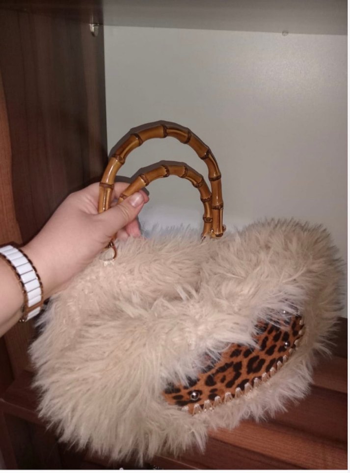 Bej Kürk Detaylı Kadın Yün Çanta - Görsel 2