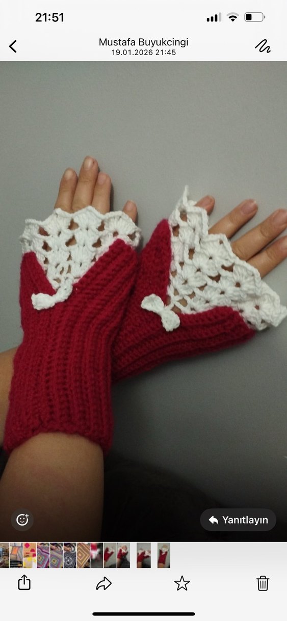 Bohem Tarz Kırmızı Örgü Kadın Eldiveni - Görsel 2