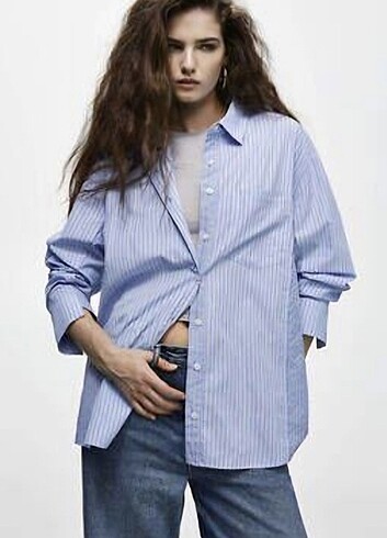 Pull and bear çizgili mavi poplin gomlek