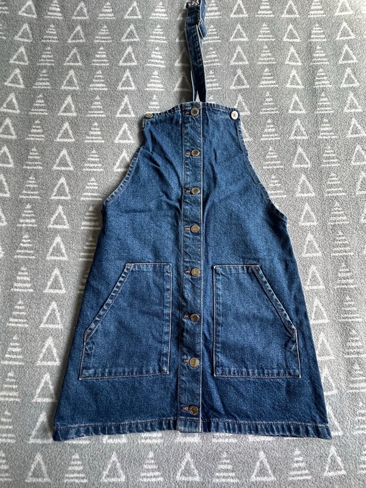 Düğmeli Mavi Kot Midi Salopet - Görsel 2