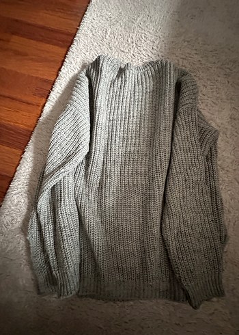 Gri Kadın Triko Kazak, Yuvarlak Yaka, Salaş - Görsel 2