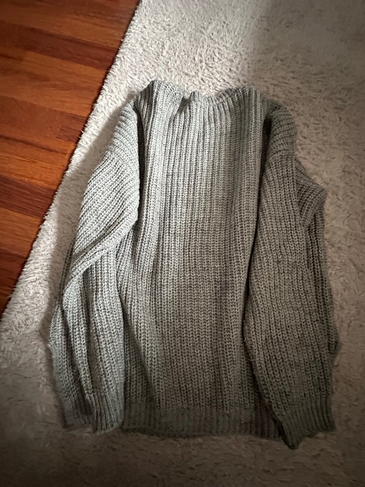 Gri Kadın Triko Kazak, Yuvarlak Yaka, Salaş - Görsel 2