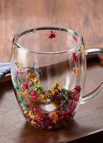 Çift Cidarlı 350 ml Çiçekli Cam Kupa - Görsel 9