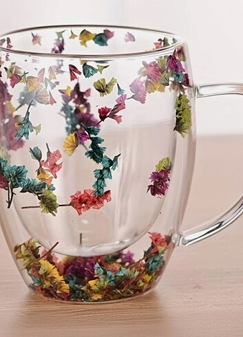 Çift Cidarlı 350 ml Çiçekli Cam Kupa - Görsel 6