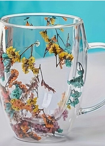 Çift Cidarlı 350 ml Çiçekli Cam Kupa - Görsel 7