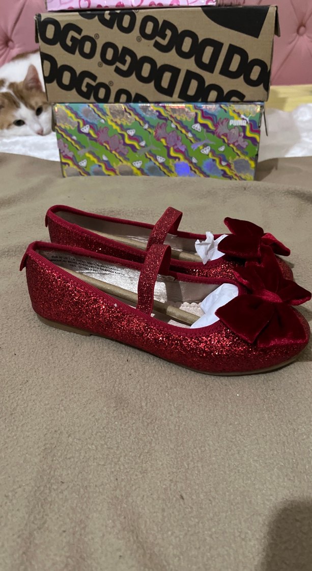 Kırmızı Simli Kadife Fiyonk Detaylı Kız Babet - Görsel 2