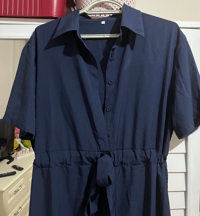 Kısa Kollu Kemerli Lacivert Uzun Tulum - Görsel 2