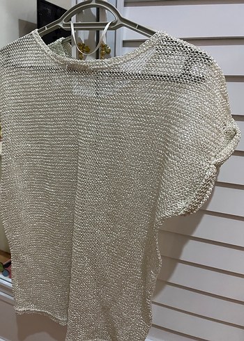 Beyaz Delikli Örgü Kadın Kısa Kollu Bluz - Görsel 2