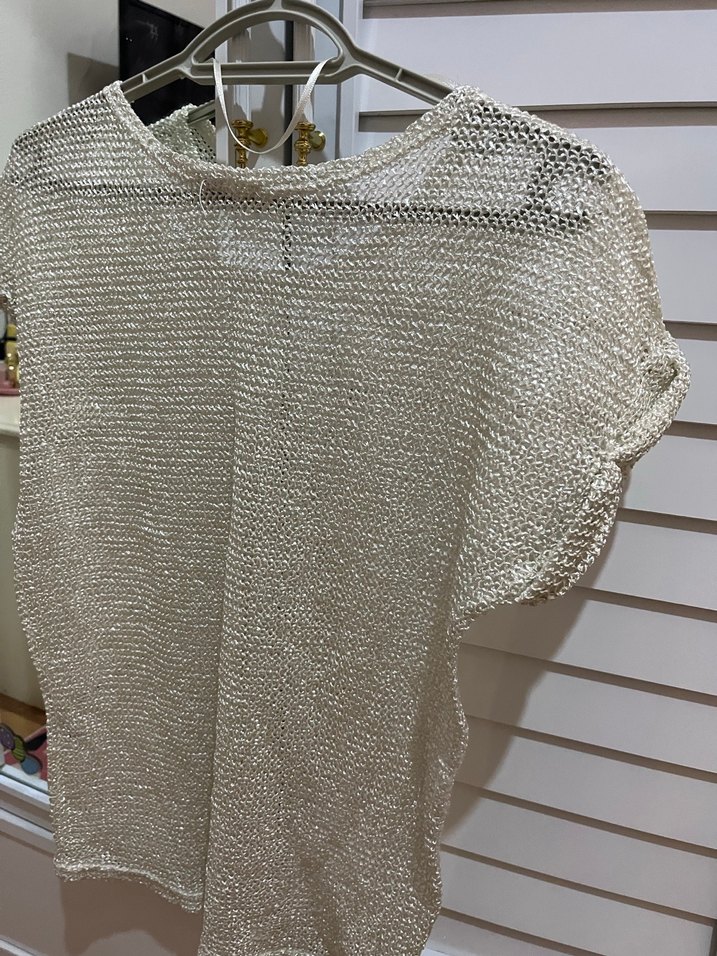 Beyaz Delikli Örgü Kadın Kısa Kollu Bluz - Görsel 2