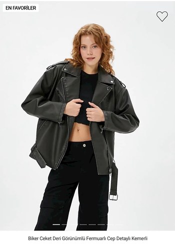 Deri Görünümlü Kemerli Biker Ceket - Görsel 2
