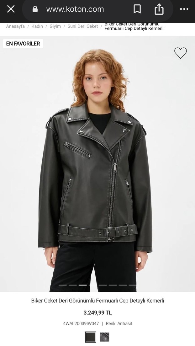 Deri Görünümlü Kemerli Biker Ceket - Görsel 3