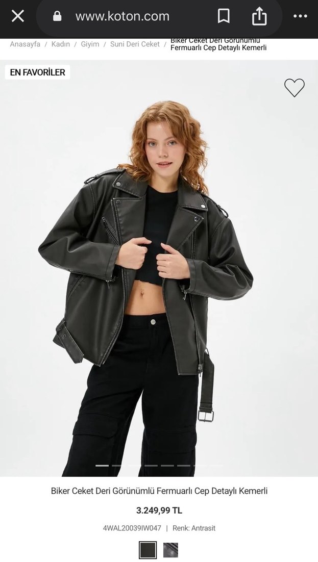 Deri Görünümlü Kemerli Biker Ceket - Görsel 2
