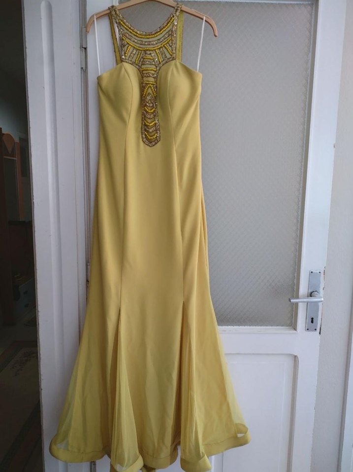 Sarı Nakışlı Uzun Abiye Elbise - Görsel 2