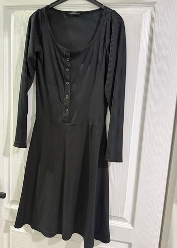 Siyah Süet Düğmeli Uzun Kollu Mini Elbise - Görsel 3