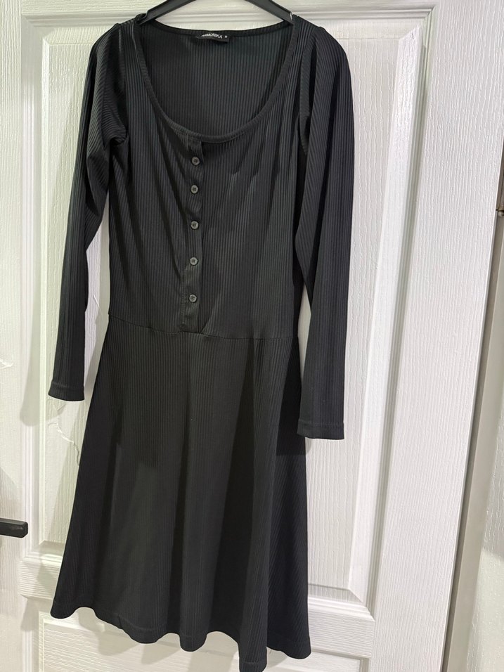 Siyah Süet Düğmeli Uzun Kollu Mini Elbise - Görsel 3