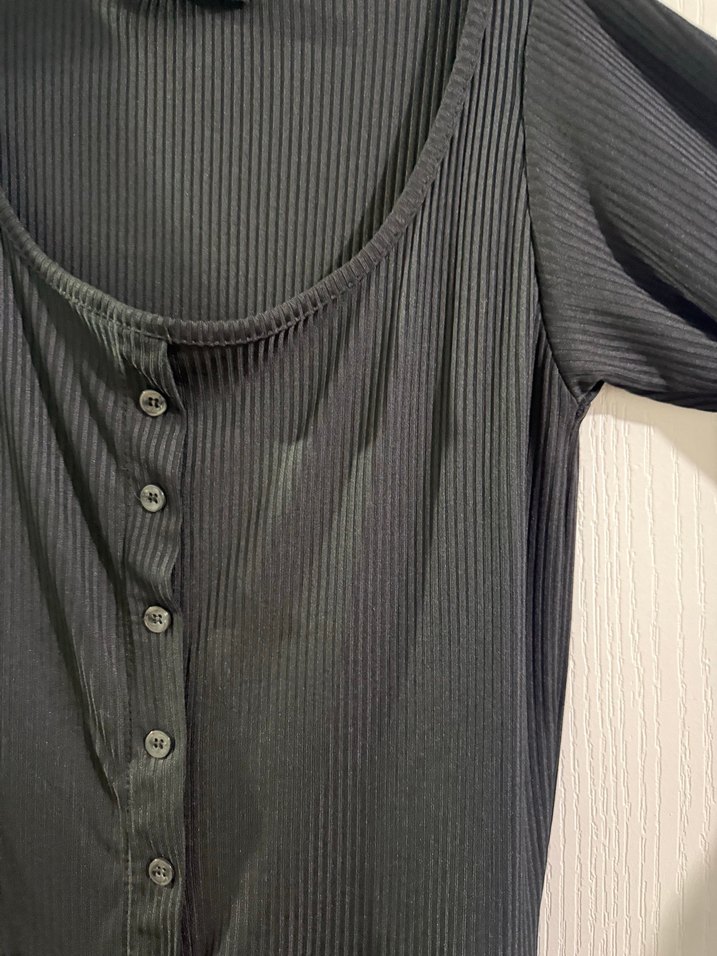 Siyah Süet Düğmeli Uzun Kollu Mini Elbise - Görsel 2