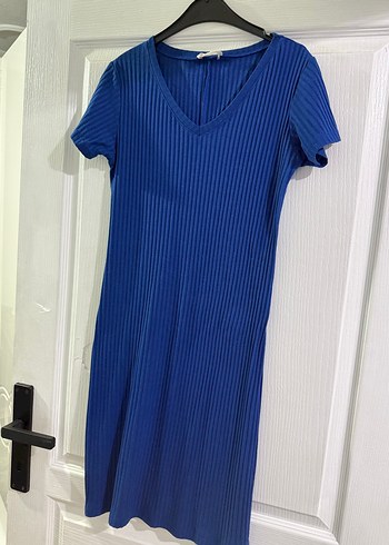 Mavi Pilili V-Yaka Kadın Elbise - Görsel 2