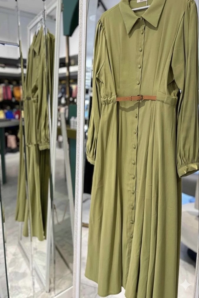 Drapeli Haki Uzun Kadın Elbise - Görsel 3