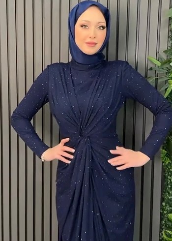 Drapeli Lacivert Uzun Abiye Elbise - Görsel 5