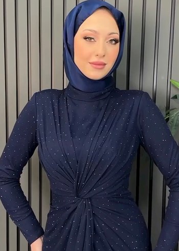 Drapeli Lacivert Uzun Abiye Elbise - Görsel 2