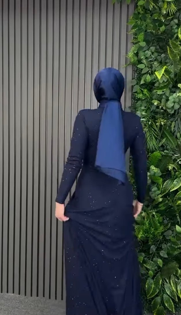 Drapeli Lacivert Uzun Abiye Elbise - Görsel 4