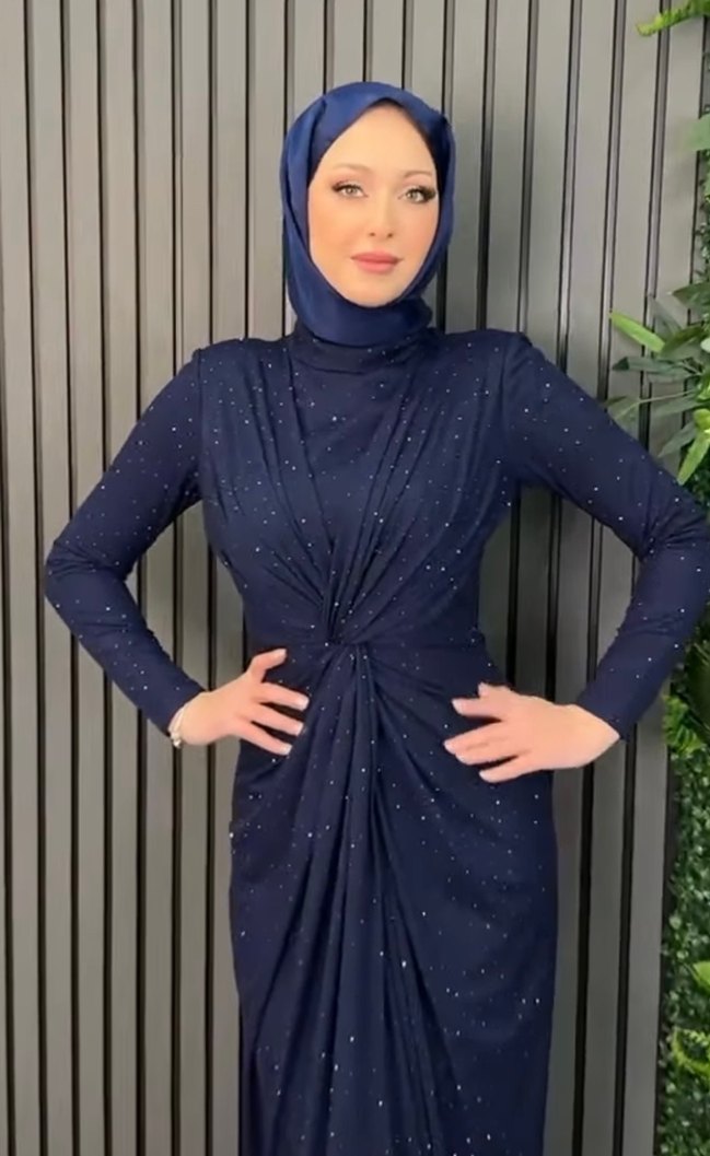 Drapeli Lacivert Uzun Abiye Elbise - Görsel 5