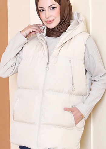 Bej Kapüşonlu Yelek - Görsel 2