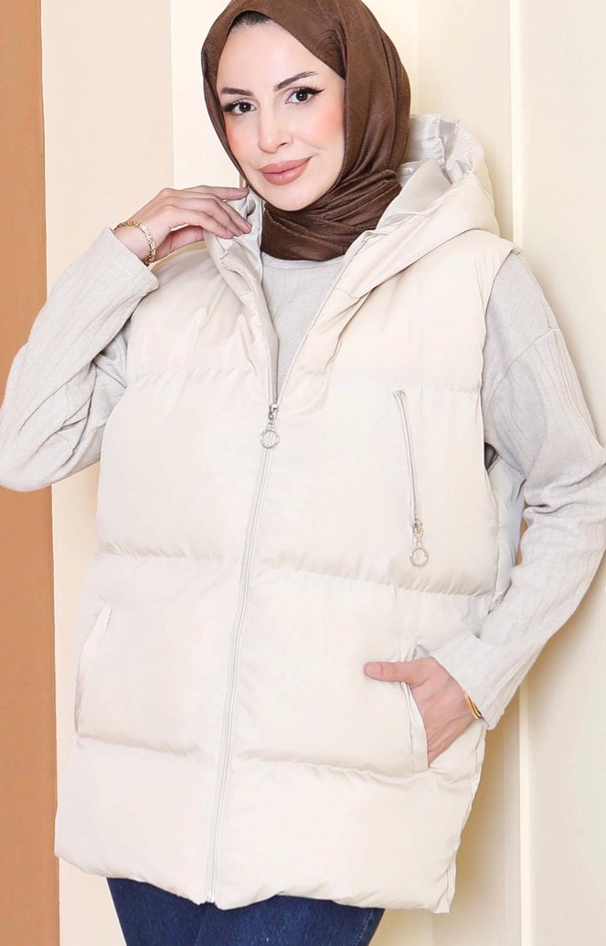 Bej Kapüşonlu Yelek - Görsel 2