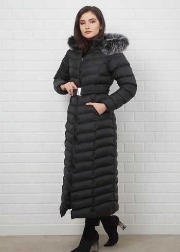 Uzun Siyah Kadın Kışlık Mont - Görsel 2