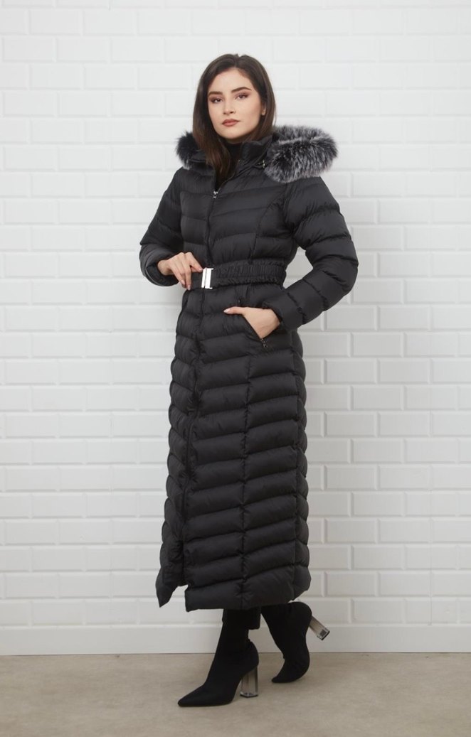 Uzun Siyah Kadın Kışlık Mont - Görsel 2