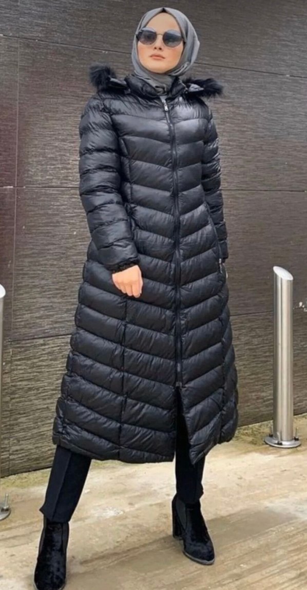 Uzun Siyah Kadın Kışlık Mont - Görsel 3