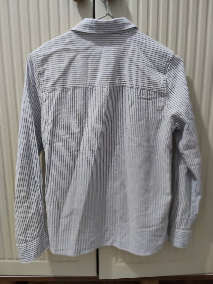 Uzun Kollu Gri Çizgili Kiz Cocuk Keten Gömlek - Görsel 3