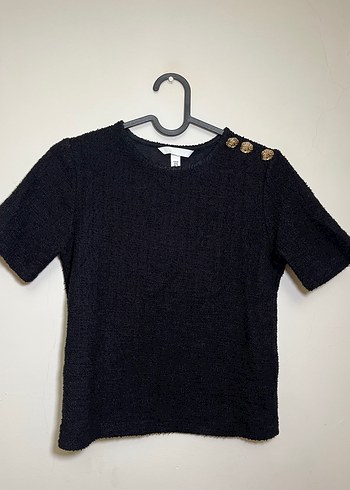 34 Beden siyah Renk H&M Düğmeli Siyah Kısa Kollu Triko Bluz