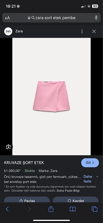 Zara zara pembe şort etek